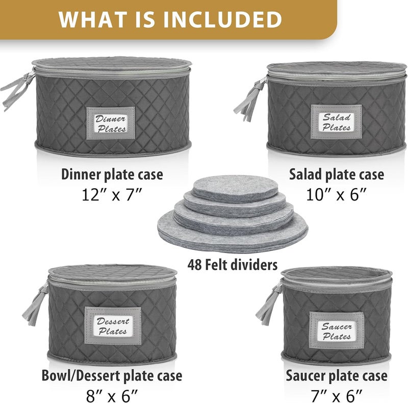 Stack Store Plus More Fine China Storage - Set of 4 Quilted Cases for Dinnerware Storage. Sizes: 12" - 10" - 8" and 7" Wide - Gray - 48 Felt Plate Separators Included - Image 2